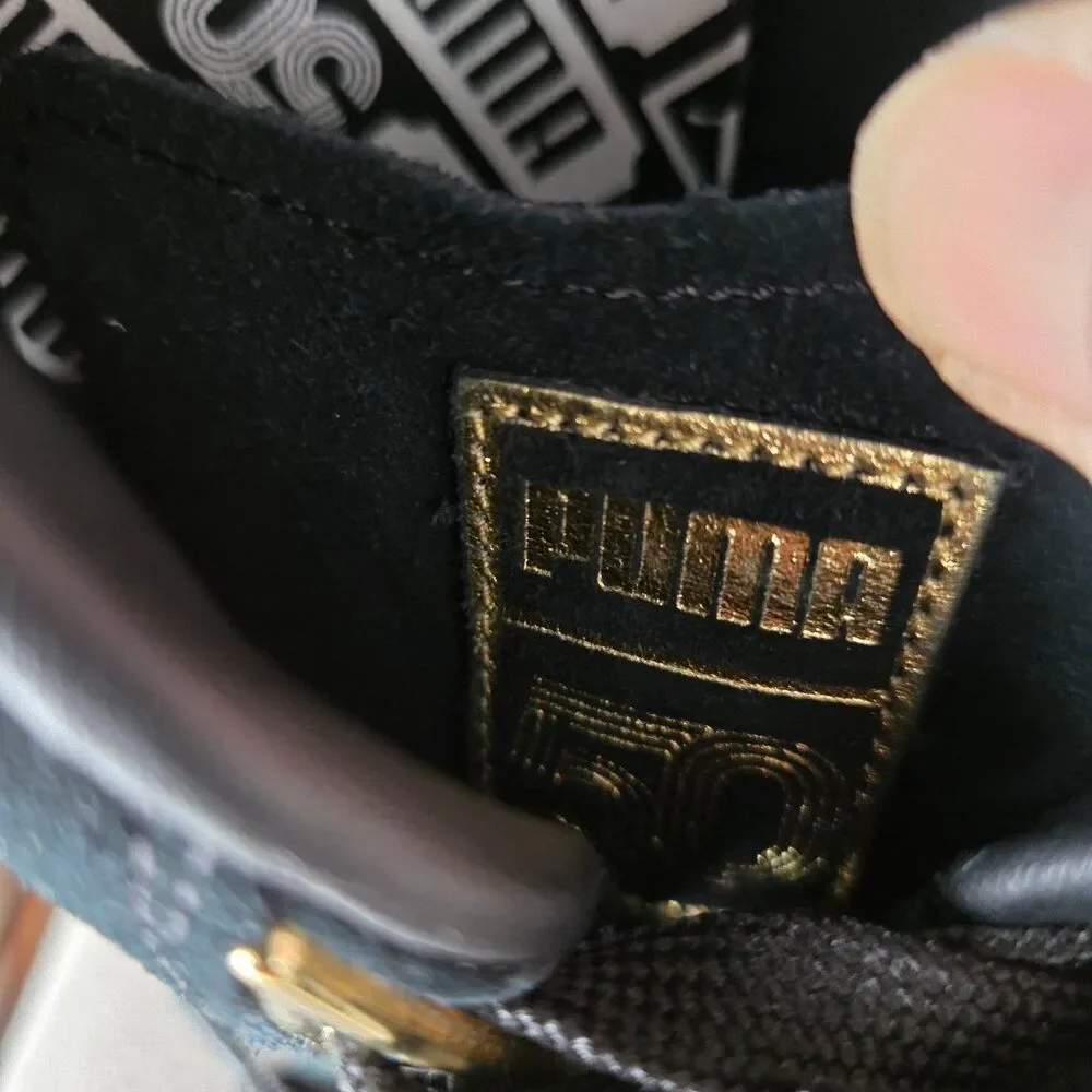 LIKE NEW PUMA 50TH ANNIVERSARY BLACK SUEDE /GOLD SNEAKERS SIZE 9 WOMENS